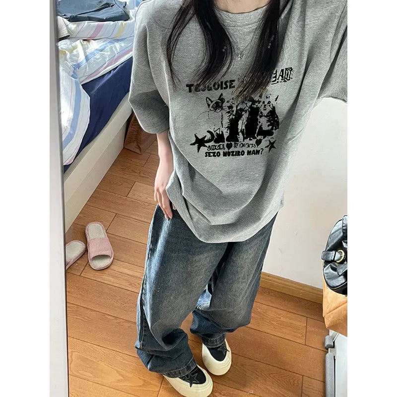 Unisex Oversized Cat Print T-Shirt – Retro College Summer Style