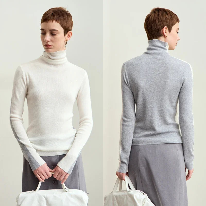 Slim High Neck Patchwork Sweater – Soft Knit Long Sleeve Top