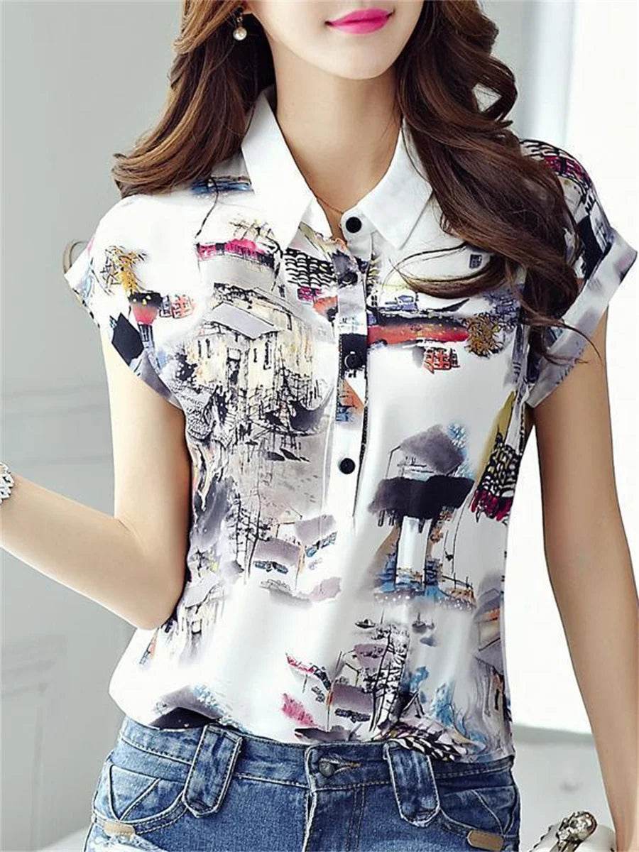Stylemein - Chiffon Blouse – Spring Summer Casual Short Sleeve Printed Turn-Down Collar Top
