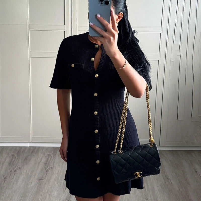 Women’s White Elegant Knitted Mini Dress – Slim Rib Sweater Dress with Metal Buttons for Party & Holiday Wear