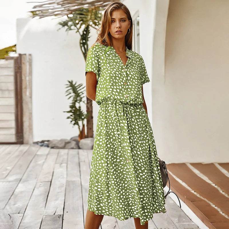Vintage Floral Boho Shirt Dress – Waist Tie Long Casual Dress - Stylemein