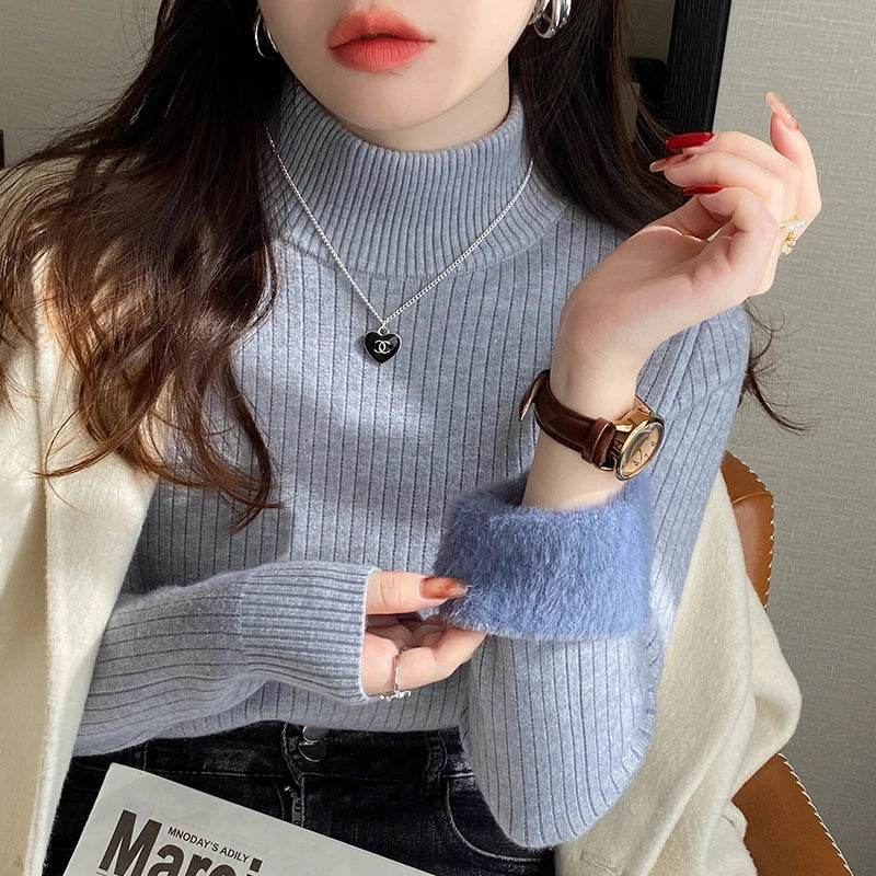 Velvet-Lined Thermal Turtleneck – Retro Red Knitted Winter Sweater - Stylemein