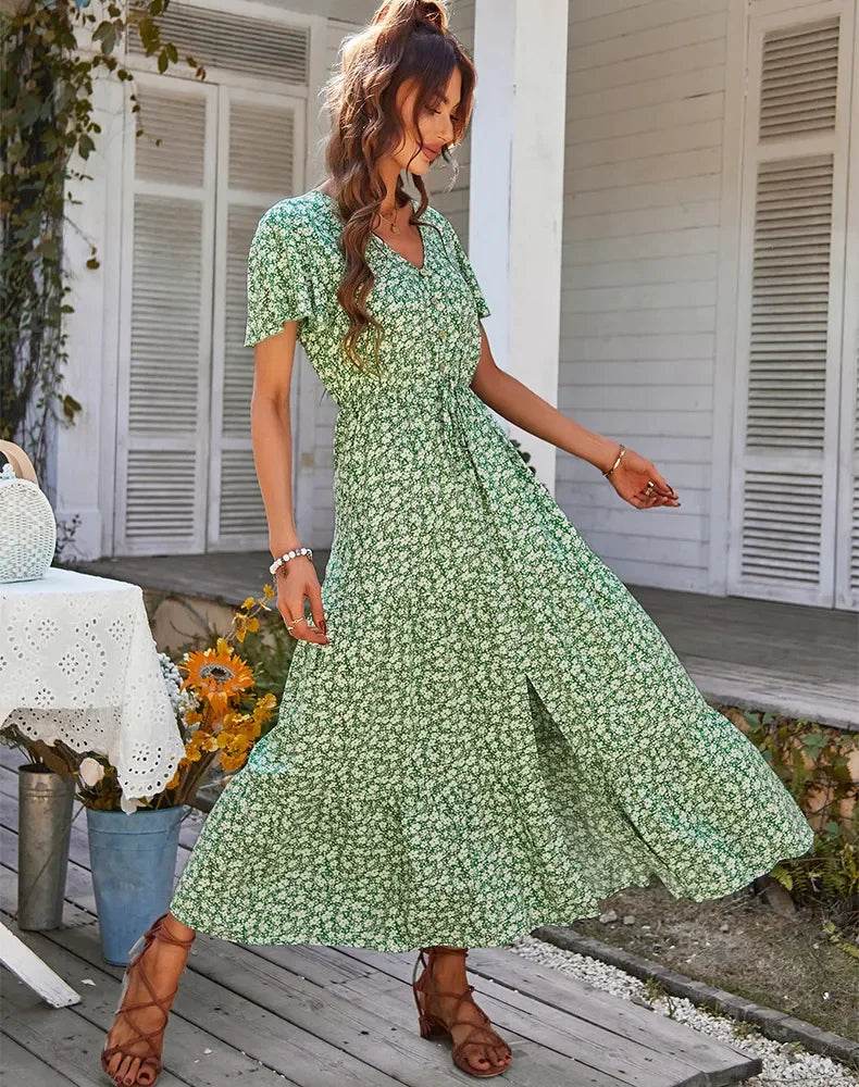 Chic Vintage Floral Summer Dress: Elegant High Waist Slit Maxi for Women - Stylemein