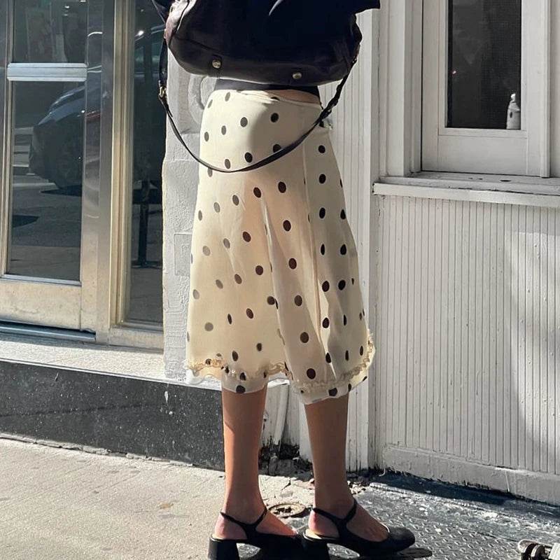 Beige Polka Dot Midi Skirt – Lettuce Trim Elegant A-line Skirt - Stylemein