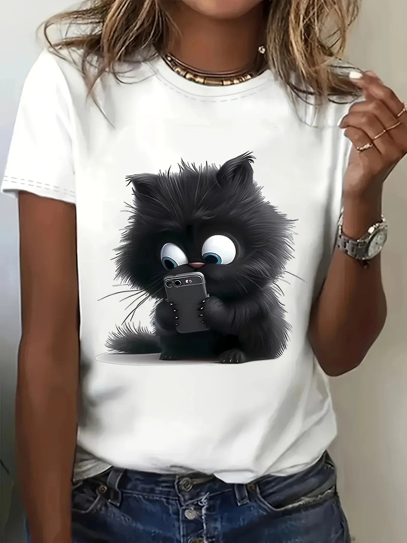 Cartoon Cat Print T-Shirt – Casual Crew Neck Short Sleeve Tee for Cat Lovers