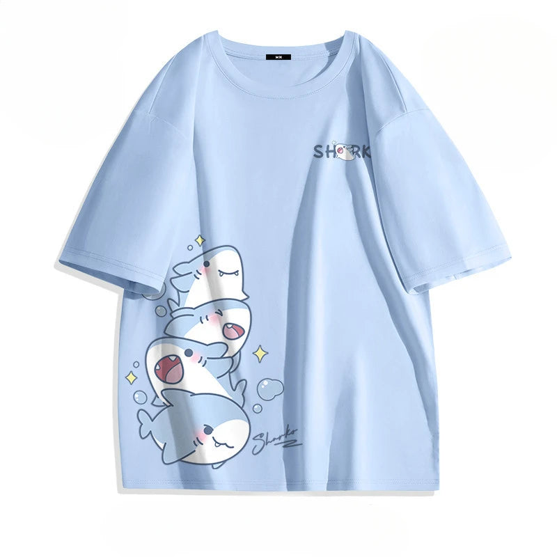 Loose Shark Print T-Shirt – Summer Ice Silk Top
