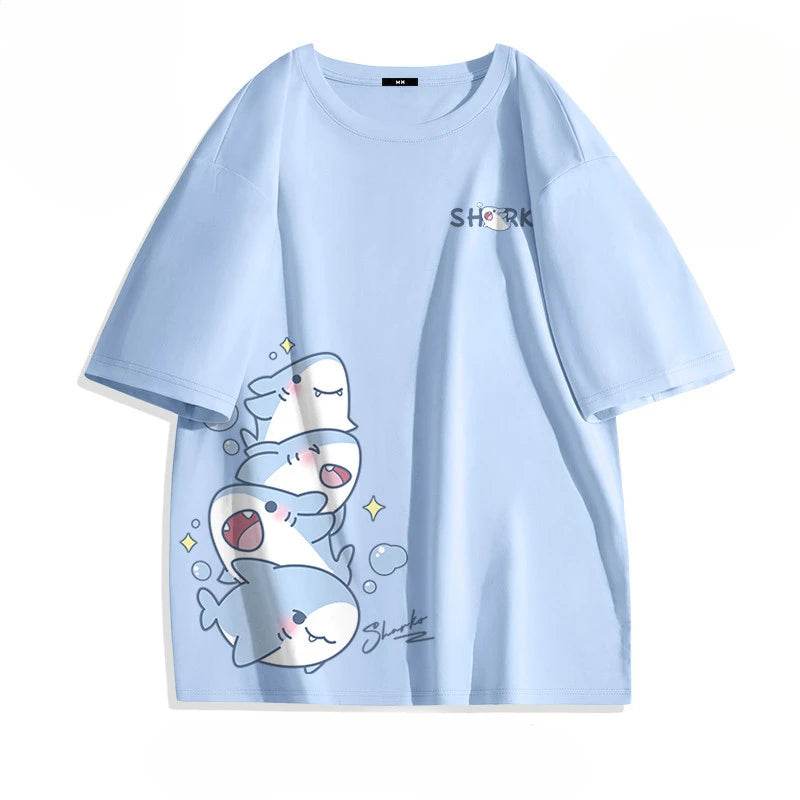 Stylemein - Loose Shark Print T-Shirt – Summer Ice Silk Top