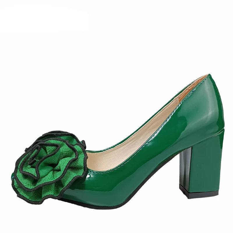 7cm Square Heel Patent Leather Pumps – Dark Green Floral Pointed Toe Shoes - Stylemein