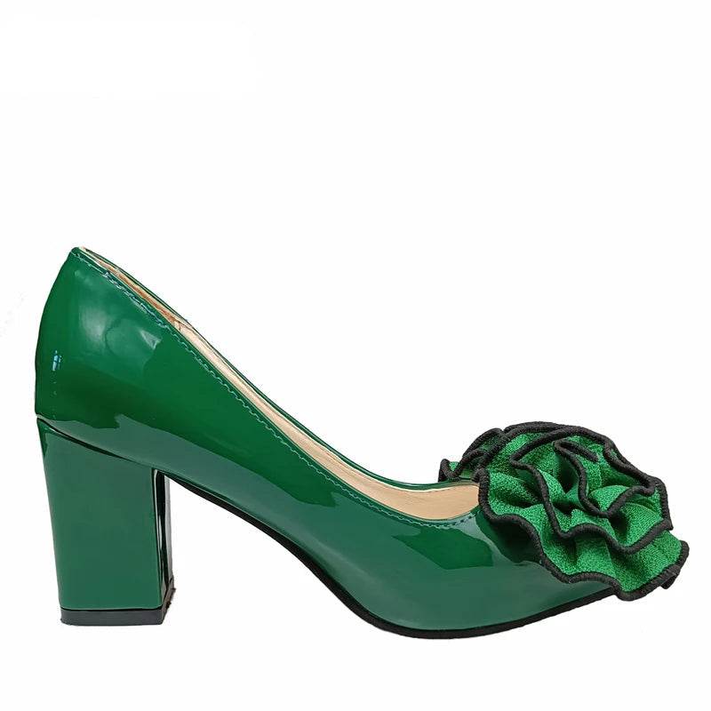 7cm Square Heel Patent Leather Pumps – Dark Green Floral Pointed Toe Shoes - Stylemein