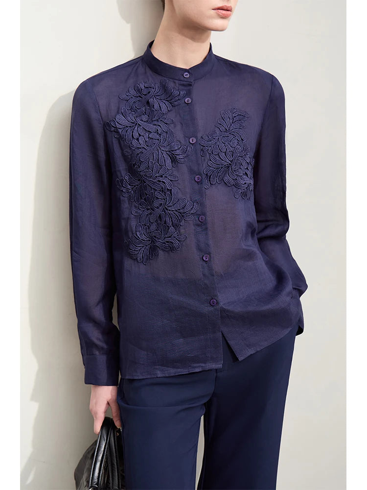 Women’s Stand Collar Shirt – Minimalist Lace Shell Button Autumn Blouse