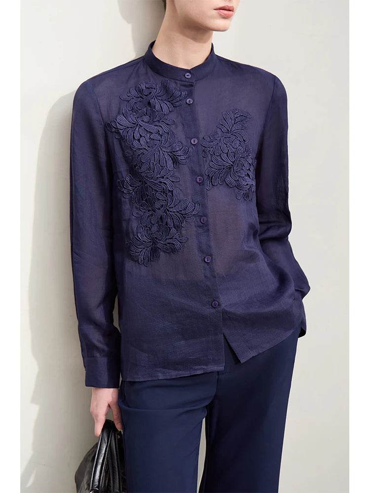 Stylemein - Women’s Stand Collar Shirt – Minimalist Lace Shell Button Autumn Blouse