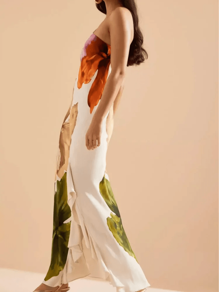 Fashion Printed Off-Shoulder Irregular Neck Cocktail Gown | Summer Party Dress with Open Fork Detail - Stylemein