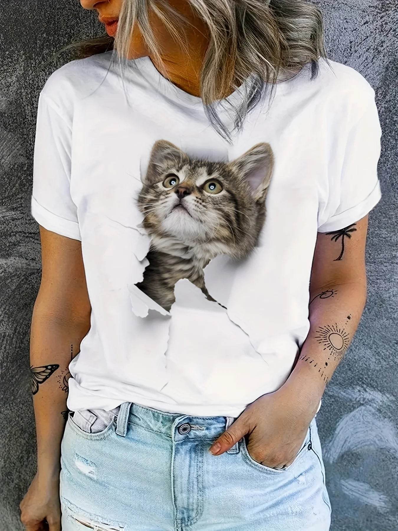 Stylemein - Women’s Cute Cat Print T-Shirt – Casual Everyday Short Sleeve Crew Neck Top