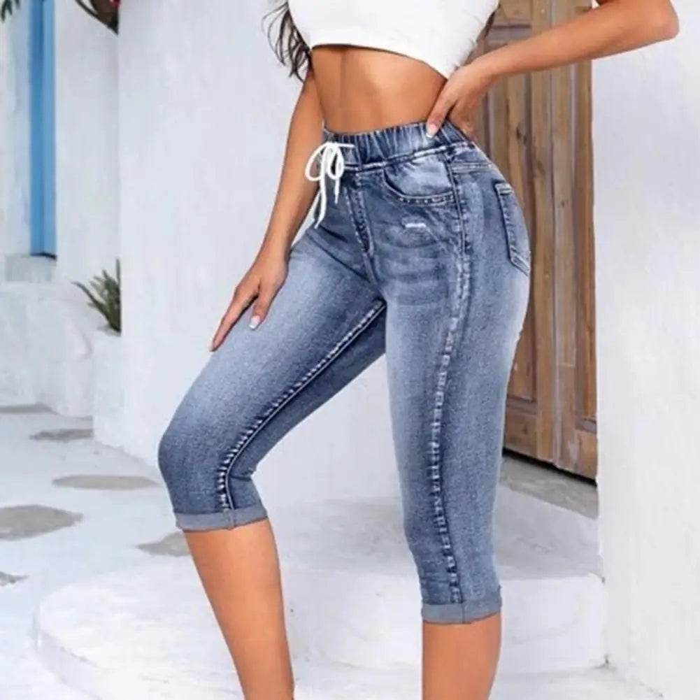 High Waist Calf-Length Jeans – Slim Fit Elastic Denim for Women - Stylemein