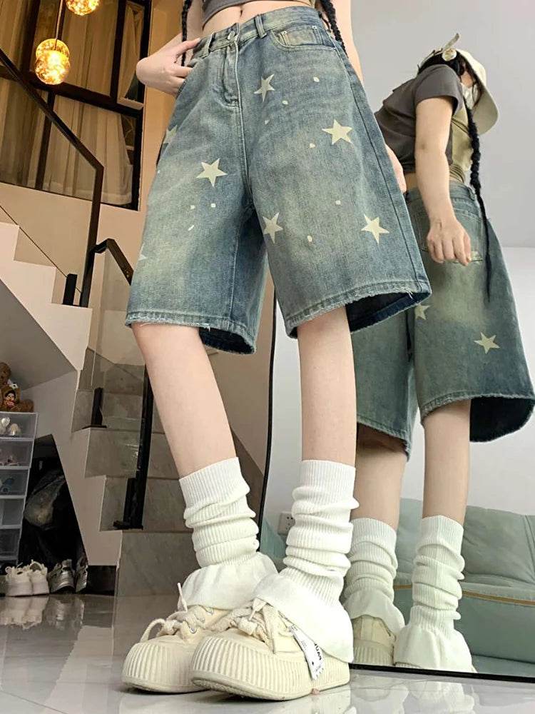 High Waist Retro Wide-Leg Denim Shorts – Washed Knee-Length Street Style - Stylemein