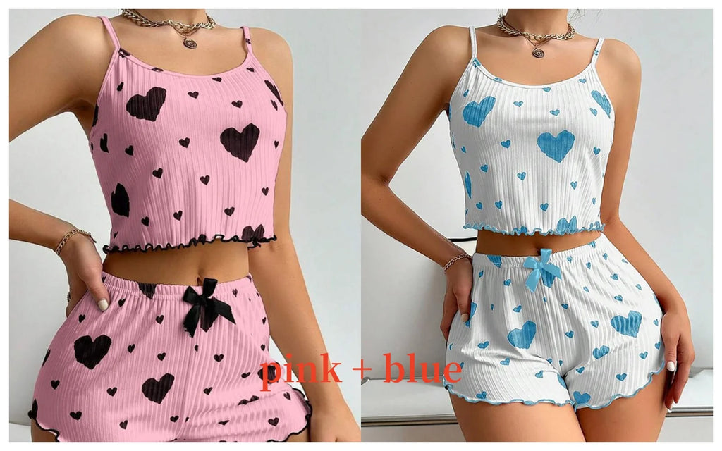 Women’s 2-Piece Pajama Set – White Love Print Tank Top & Shorts Sleepwear