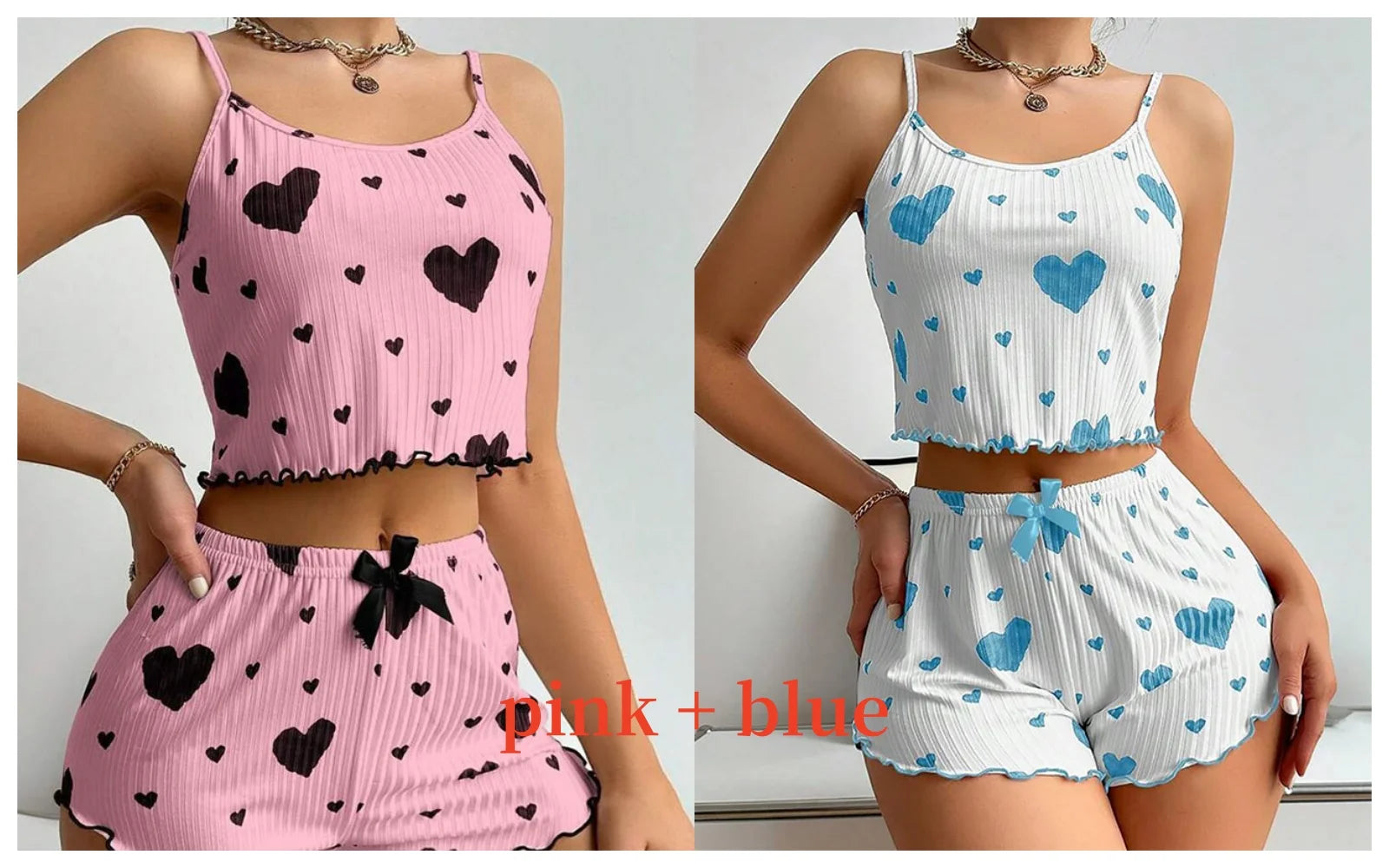 Women’s 2-Piece Pajama Set – White Love Print Tank Top & Shorts Sleepwear