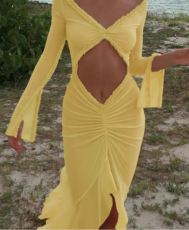 Mesh Long Sleeve Cut-Out Dress – Elegant Asymmetrical Shirred Holiday Party Outfit for Women