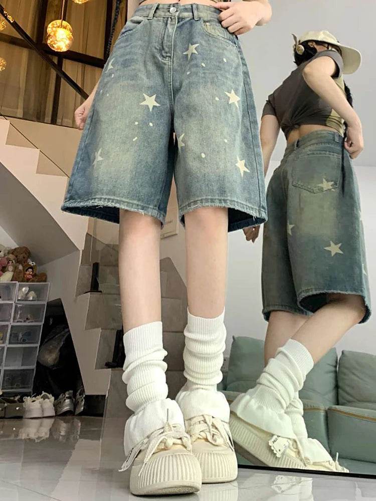 High Waist Retro Wide-Leg Denim Shorts – Washed Knee-Length Street Style - Stylemein