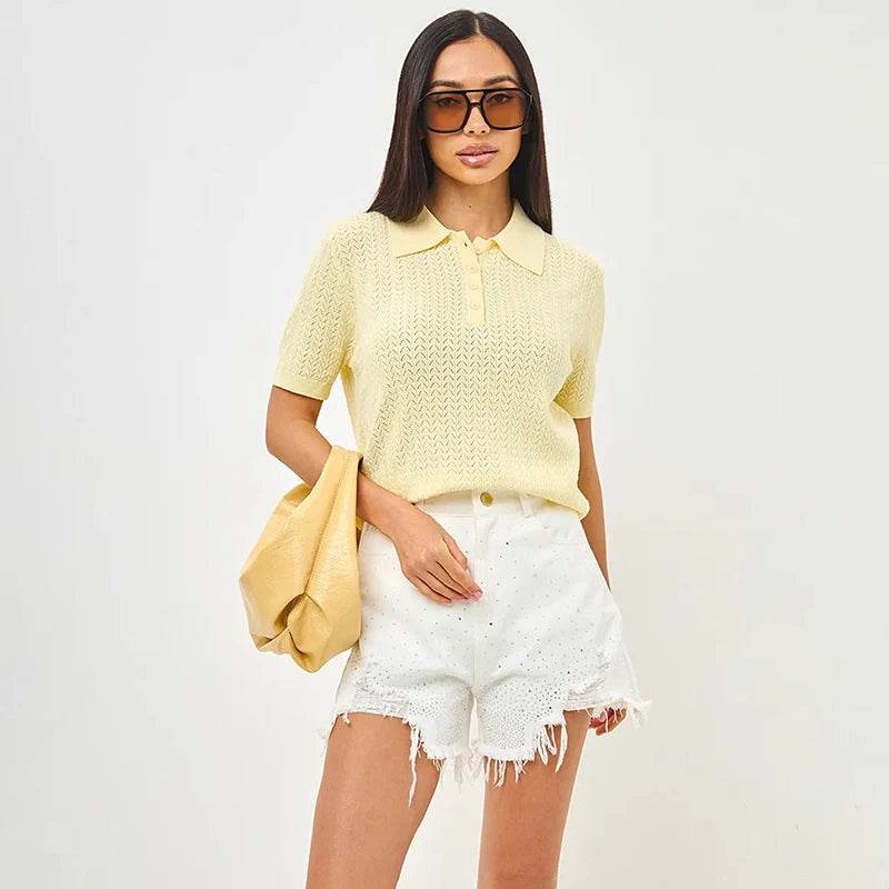 Short Sleeve Knit T-Shirt – Casual Lapel Pullover Top for Women - Stylemein