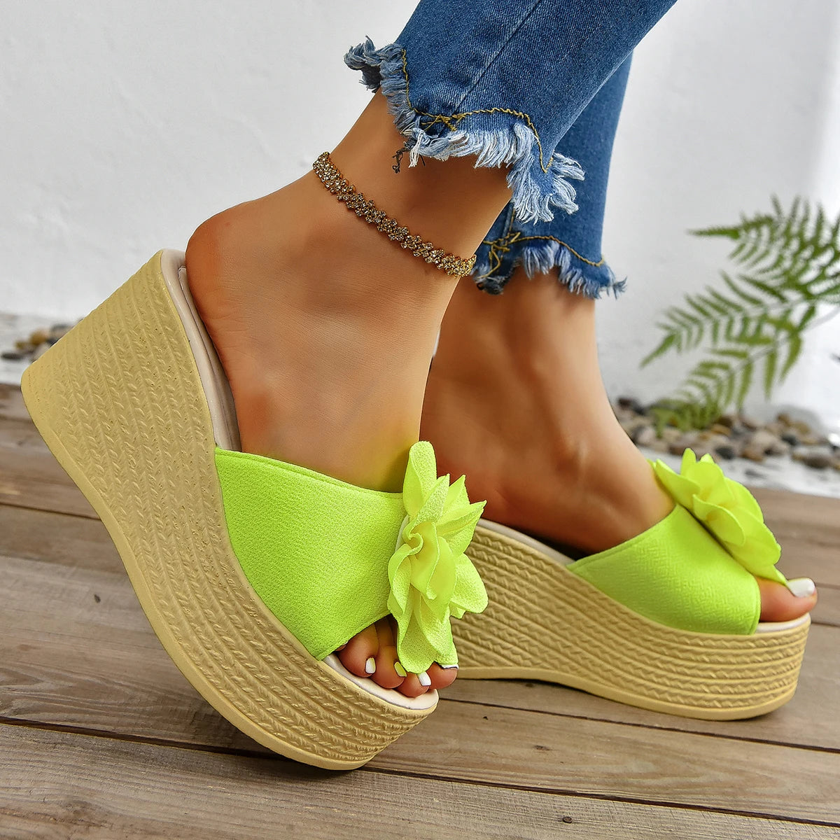 Green & Baby Pink Floral Wedge Slides for Women – 3.5" Platform Heels, Flower Appliqués, Summer Slip-Ons