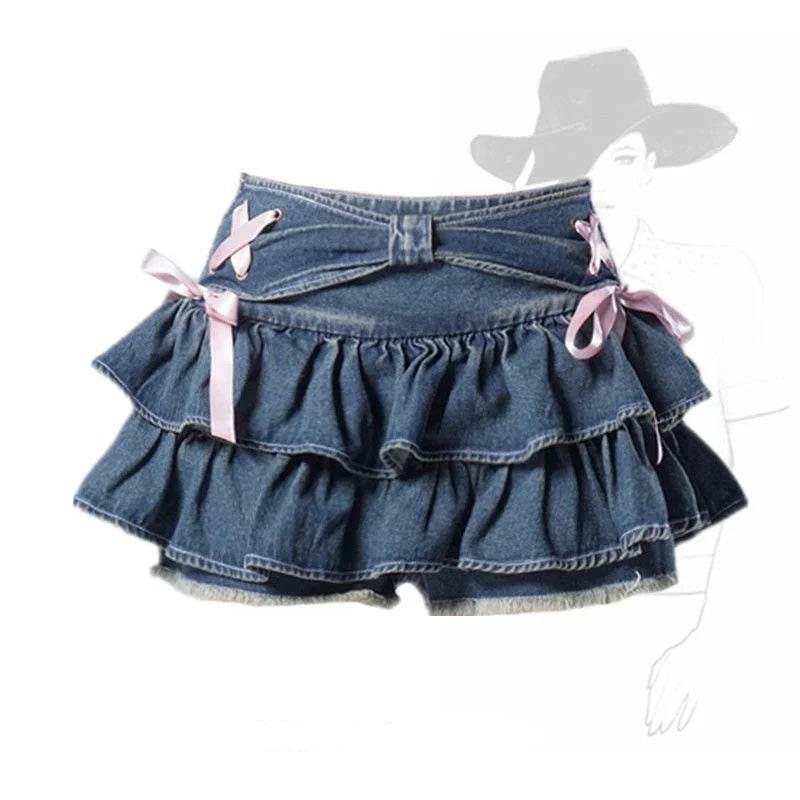 Blue Pleated Denim Mini Skort – A-Line Bow Detail Short Skirt - Stylemein