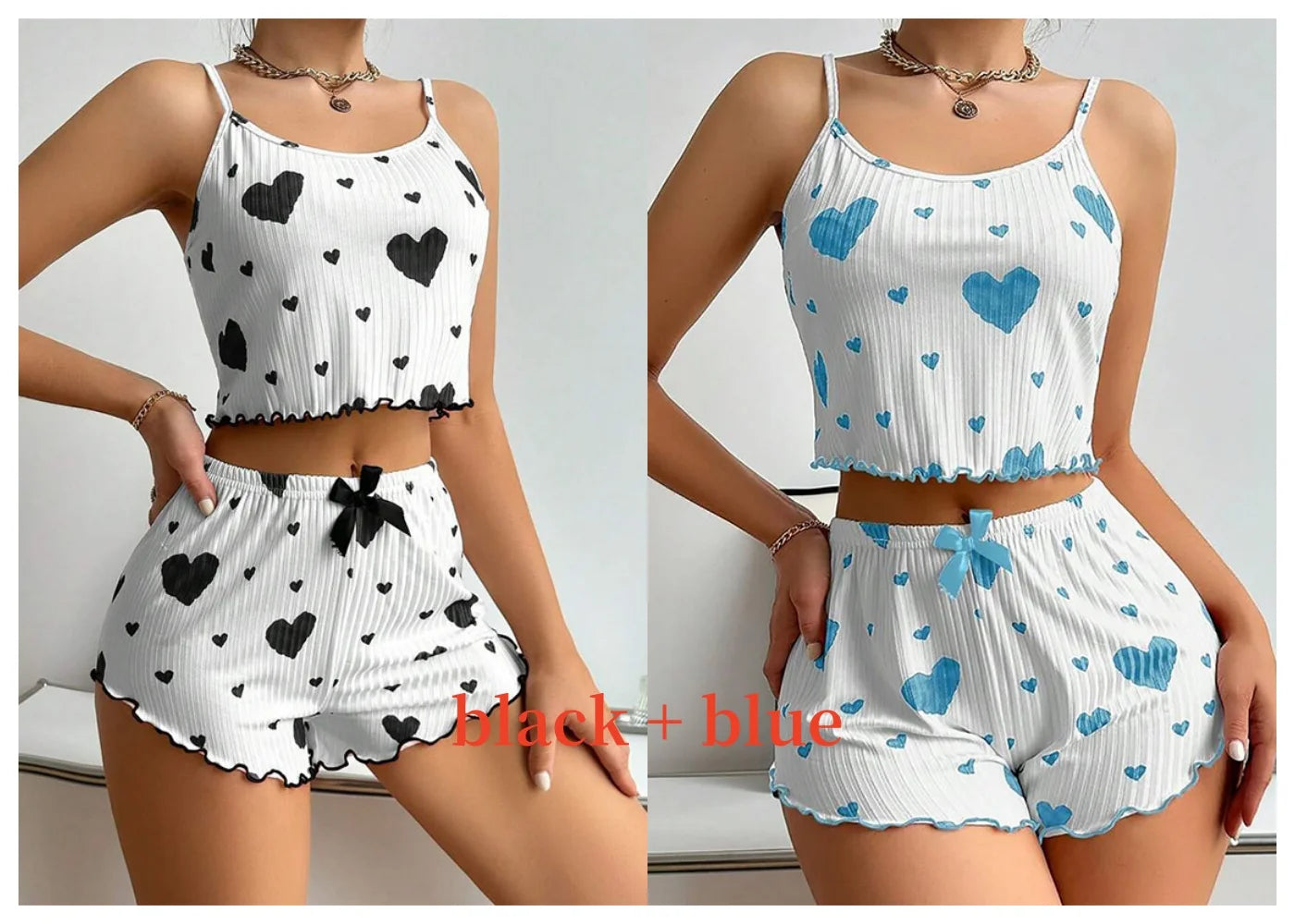Women’s 2-Piece Pajama Set – White Love Print Tank Top & Shorts Sleepwear