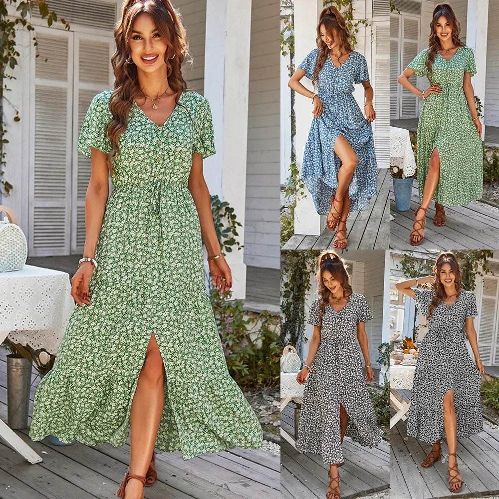 Chic Vintage Floral Summer Dress: Elegant High Waist Slit Maxi for Women - Stylemein
