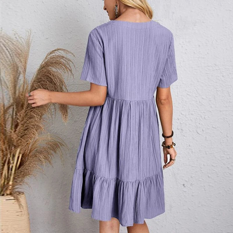 Vintage Solid A-Line Mini Dress – V-Neck High Waist Short Sleeve Summer Party Outfit