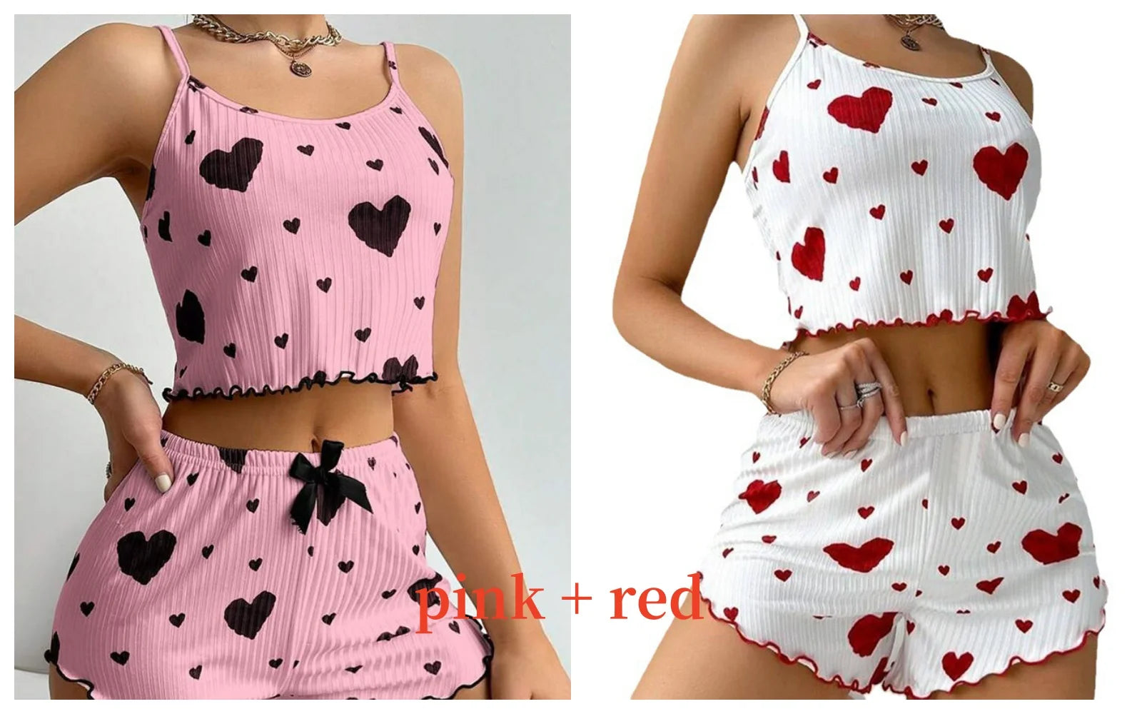 Women’s 2-Piece Pajama Set – White Love Print Tank Top & Shorts Sleepwear