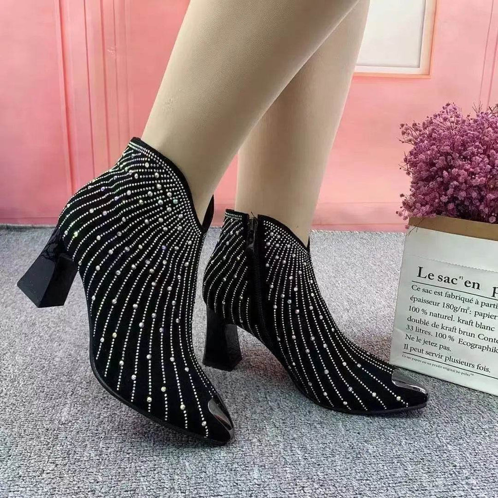 Meteor Rhinestone High Heel Cowboy Boots – Black Pointed-Toe Platform Boots for Women - Stylemein