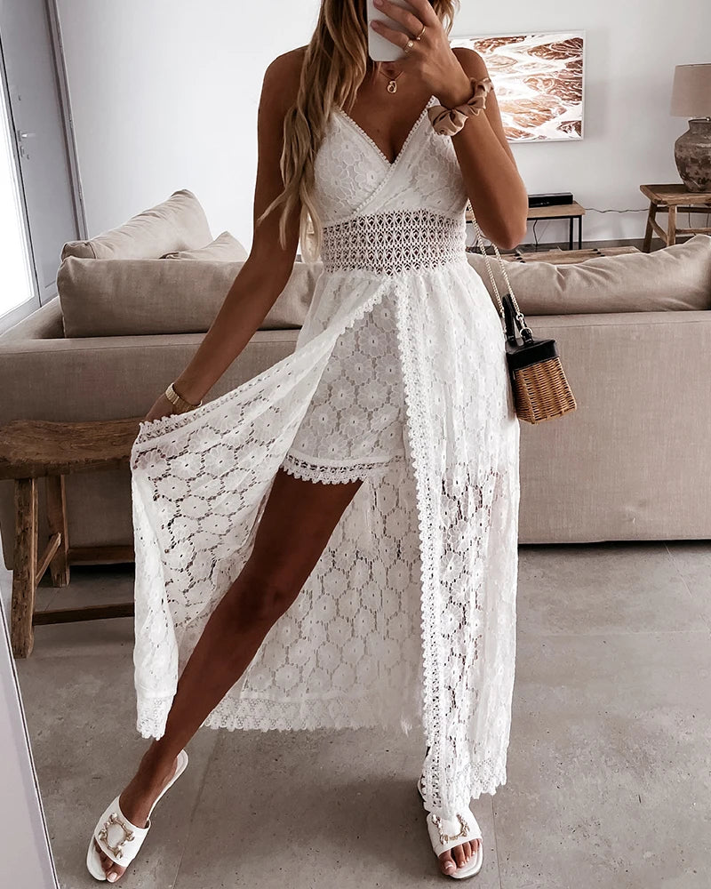 Women’s White Lace Sleeveless V-Neck Jumpsuit – High Waist Holiday Party Romper