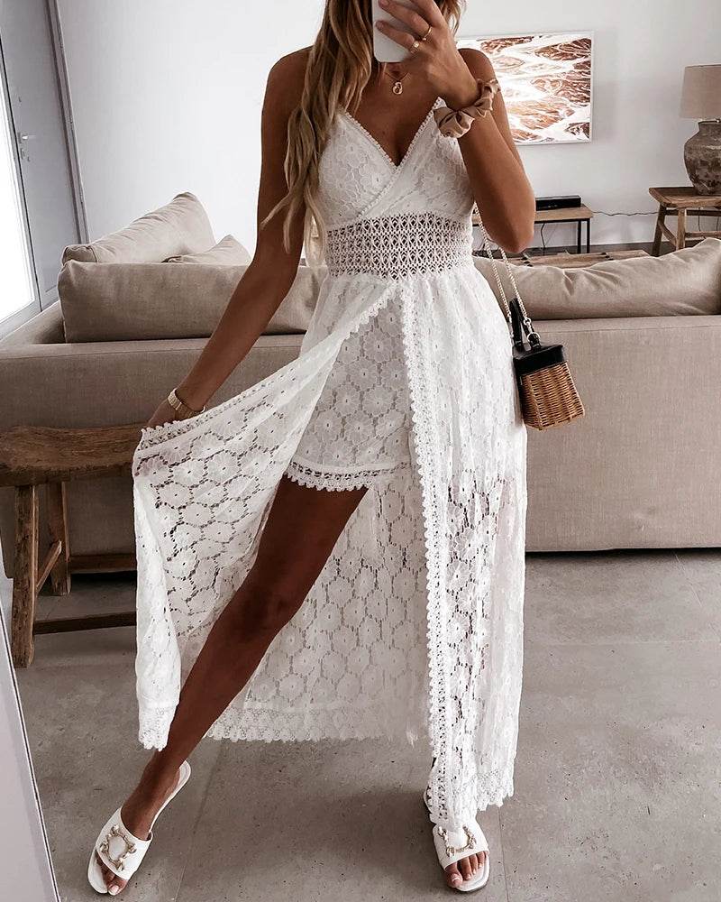 Stylemein - Women’s White Lace Sleeveless V-Neck Jumpsuit – High Waist Holiday Party Romper