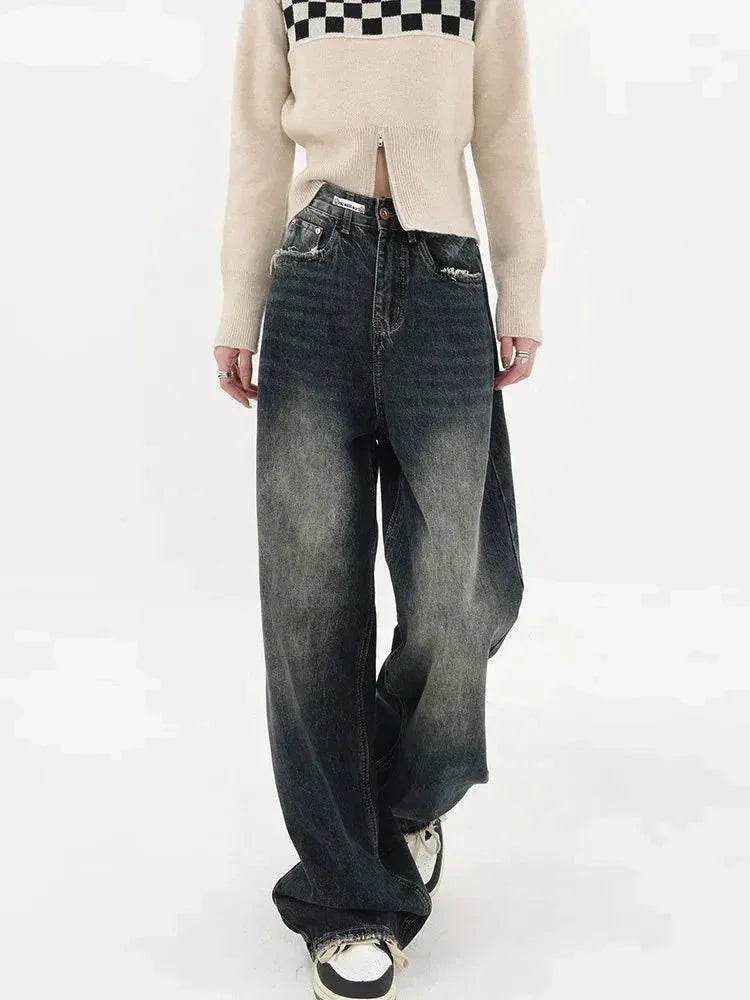 Women's Baggy Straight Leg Jeans: Deep Blue High Waisted Vintage Denim for Fall - Stylemein
