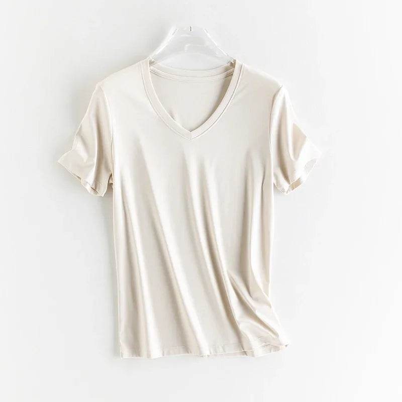 Luxury Silk & Mercerized Cotton Women’s T-Shirt – Short Sleeve Silky Feel V/O-Neck Summer Top - Stylemein