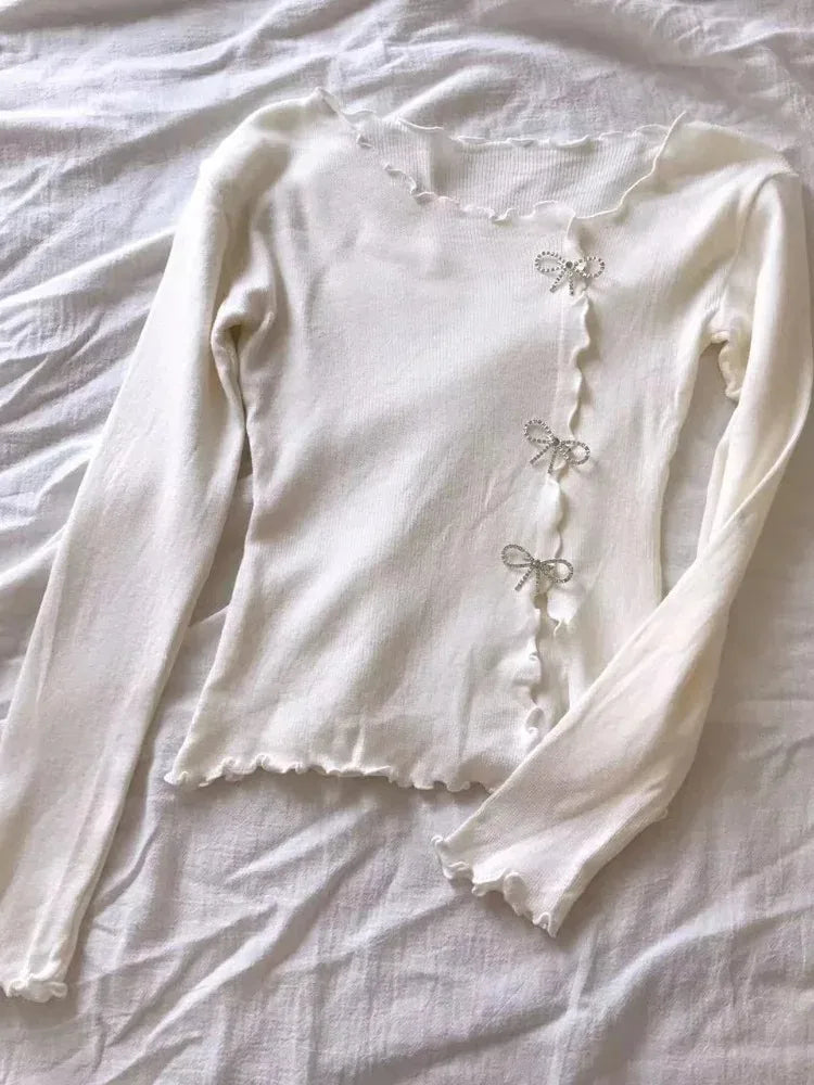 Women’s Y2K Pullover Sweater – Lettuce Trim Bowknot Long Sleeve
