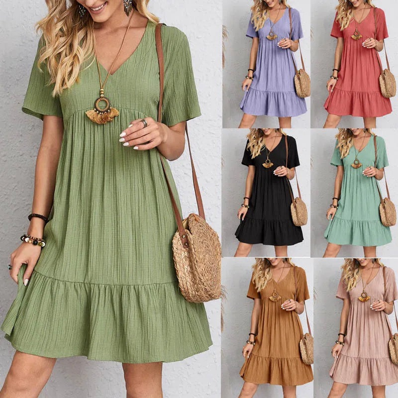 Vintage Solid A-Line Mini Dress – V-Neck High Waist Short Sleeve Summer Party Outfit