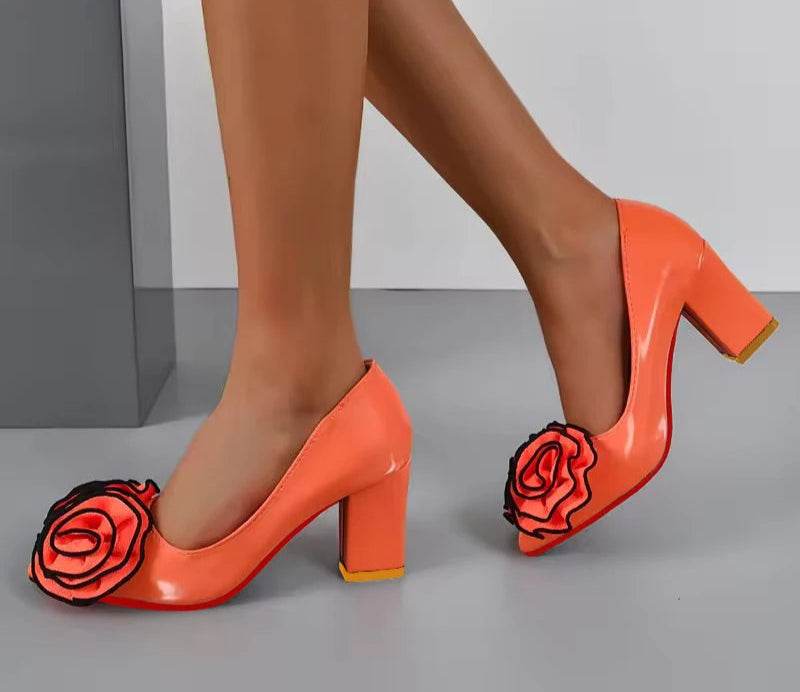 7cm Square Heels – Orange Rose Flower Pumps, Pointed Toe Dress Shoes, Size 30–50 - Stylemein