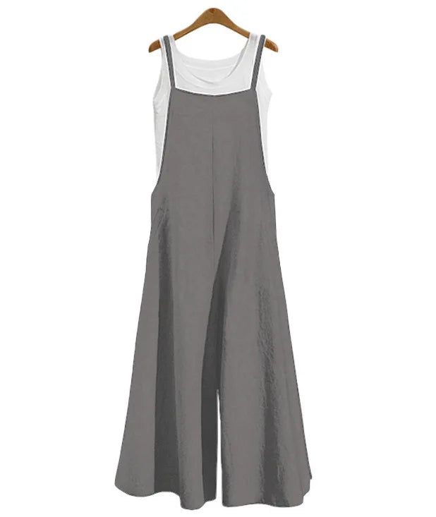 Summer Cotton Linen Jumpsuit – Loose Wide Leg Overalls with Adjustable Straps
