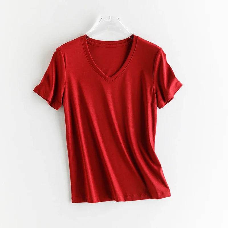 Luxury Silk & Mercerized Cotton Women’s T-Shirt – Short Sleeve Silky Feel V/O-Neck Summer Top - Stylemein