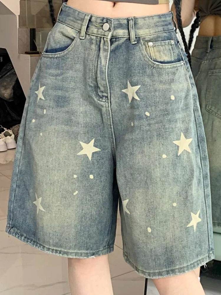 High Waist Retro Wide-Leg Denim Shorts – Washed Knee-Length Street Style - Stylemein