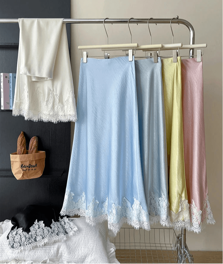 Elegant Satin Mermaid Skirt – Lace Patchwork A-Line Midi Skirt - Stylemein