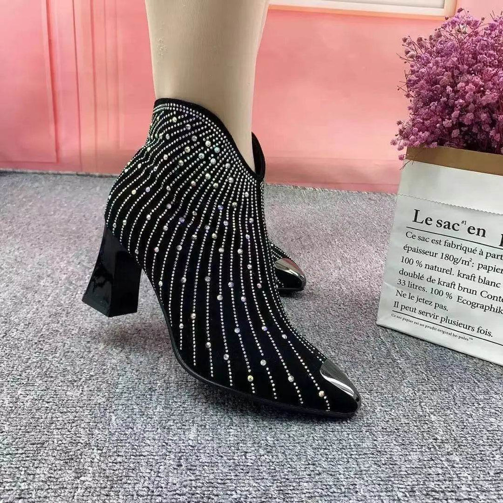 Meteor Rhinestone High Heel Cowboy Boots – Black Pointed-Toe Platform Boots for Women - Stylemein