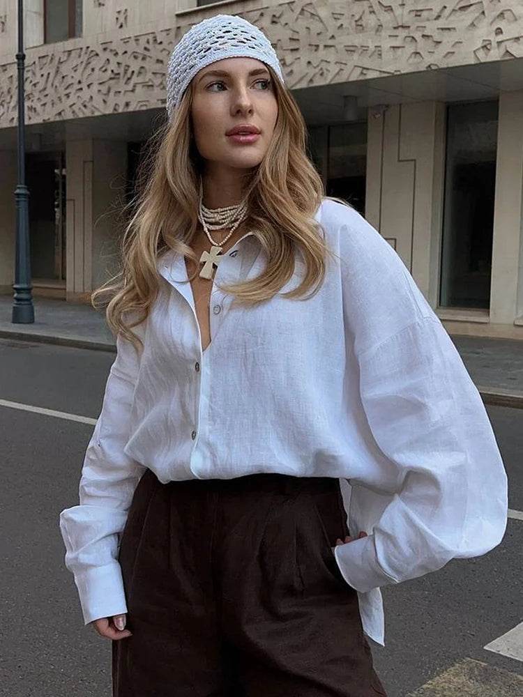 Oversized Cotton Linen Shirt – Women’s Long Sleeve Vintage Blouse - Stylemein