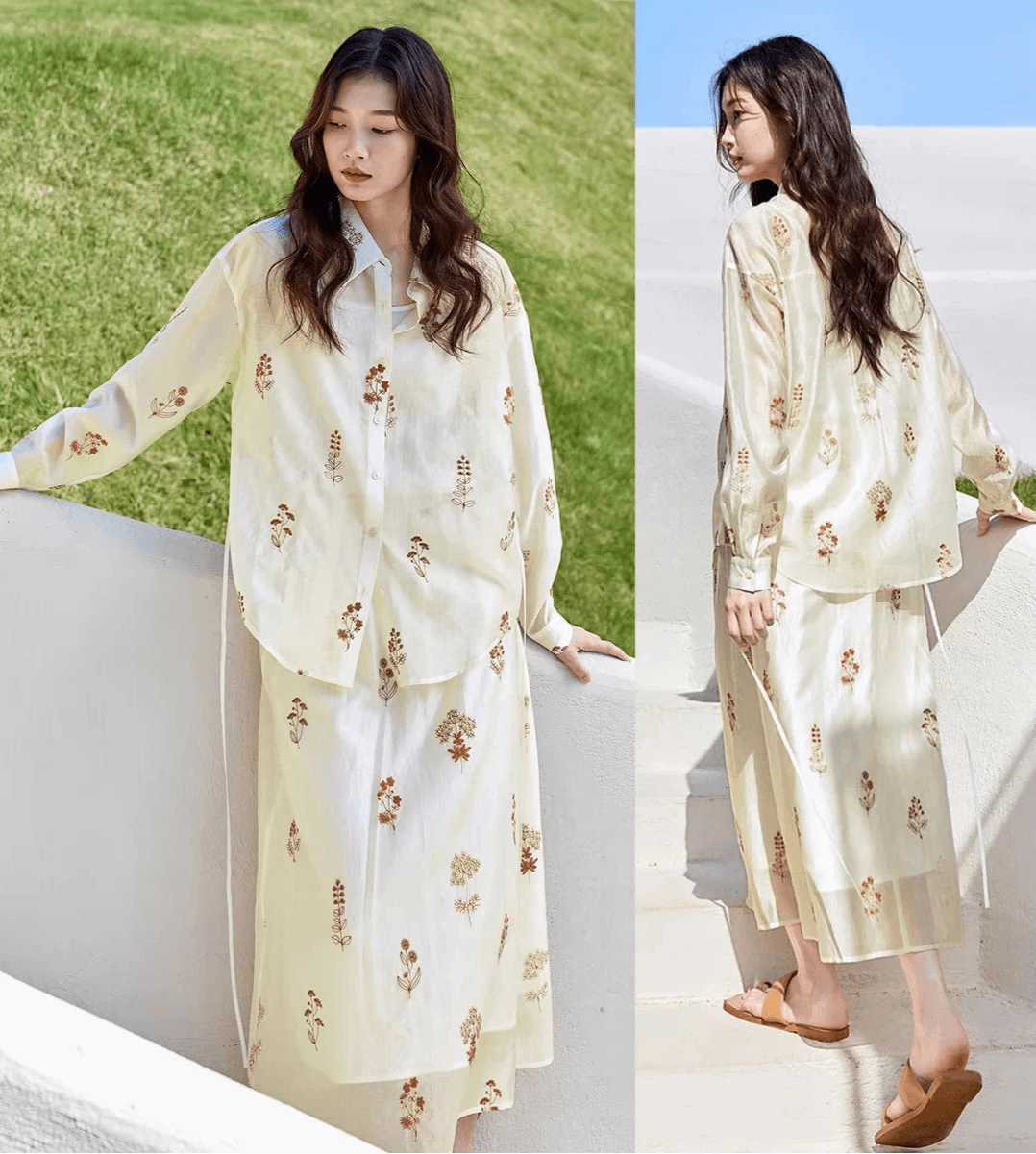 Lace-Up Shirt & Skirt Set – Embroidered Lyocell Two-Piece Outfit. - Stylemein