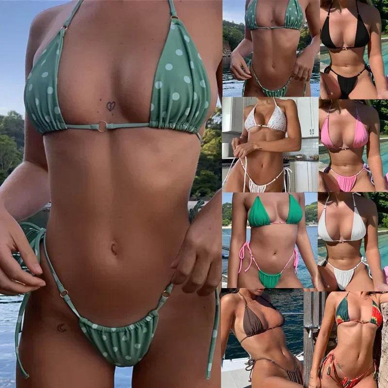 Summer Swimsuit Solid Color Bikini | Floral Print Swimwear Biquini | String Beach Bathing Suit Women - Stylemein