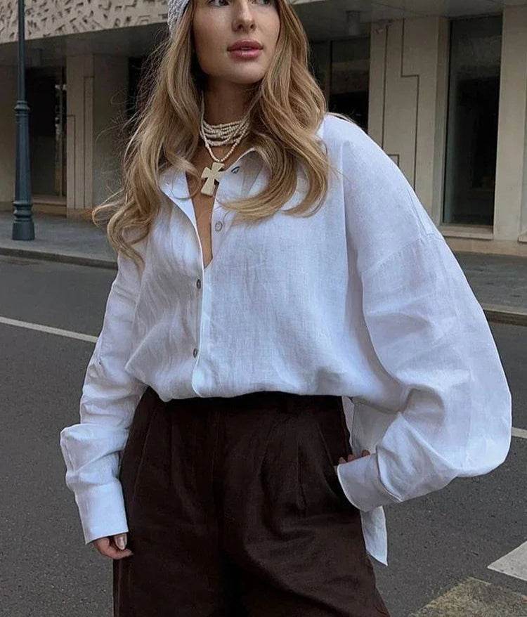Oversized Cotton Linen Shirt – Women’s Long Sleeve Vintage Blouse - Stylemein