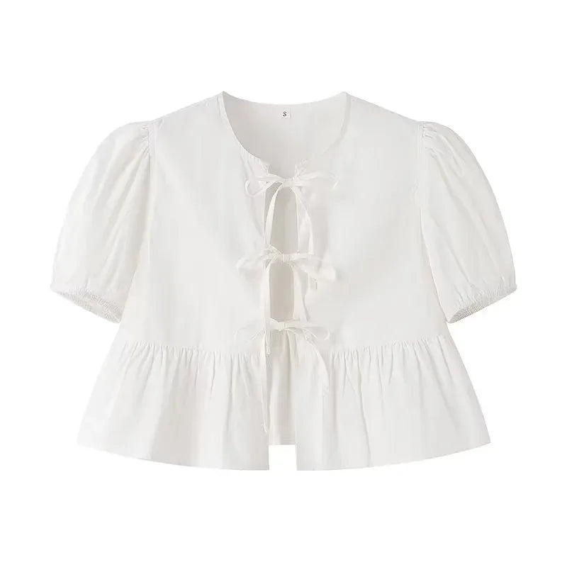 Women’s Ruffle Blouse – Puff Sleeve Ruched Crop Top Shirt
