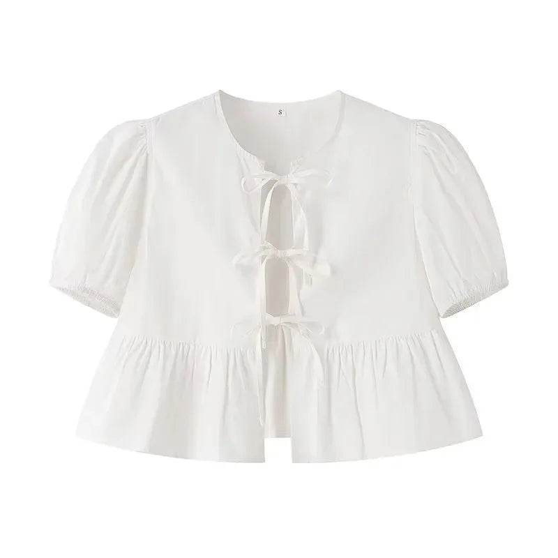 Stylemein - Women’s Ruffle Blouse – Puff Sleeve Ruched Crop Top Shirt