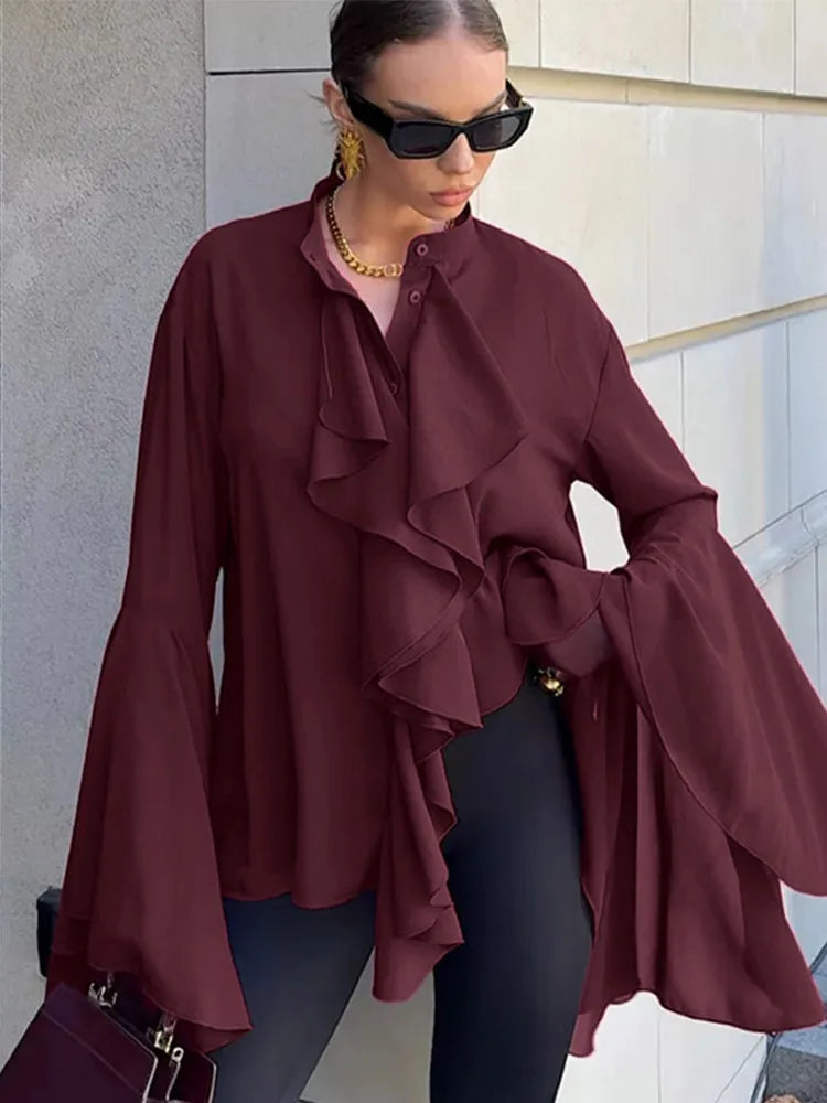 Women’s Ruffle V-Neck Blouse – Elegant Long Sleeve Autumn Top